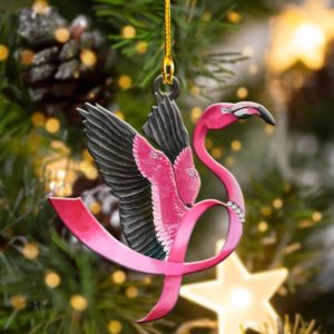 Breast Cancer Flamingo Holding Breast Cancer Ribbon Flamingo Shape Ornament