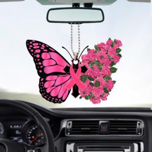 Breast Cancer Awareness Cross With Ribbon And Roses Butterfly Shape Ornament